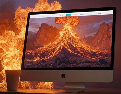 Web Maintenance - Yellow Ant Design - An image of a volcano on a computer monitor and real fire on the desk behind it